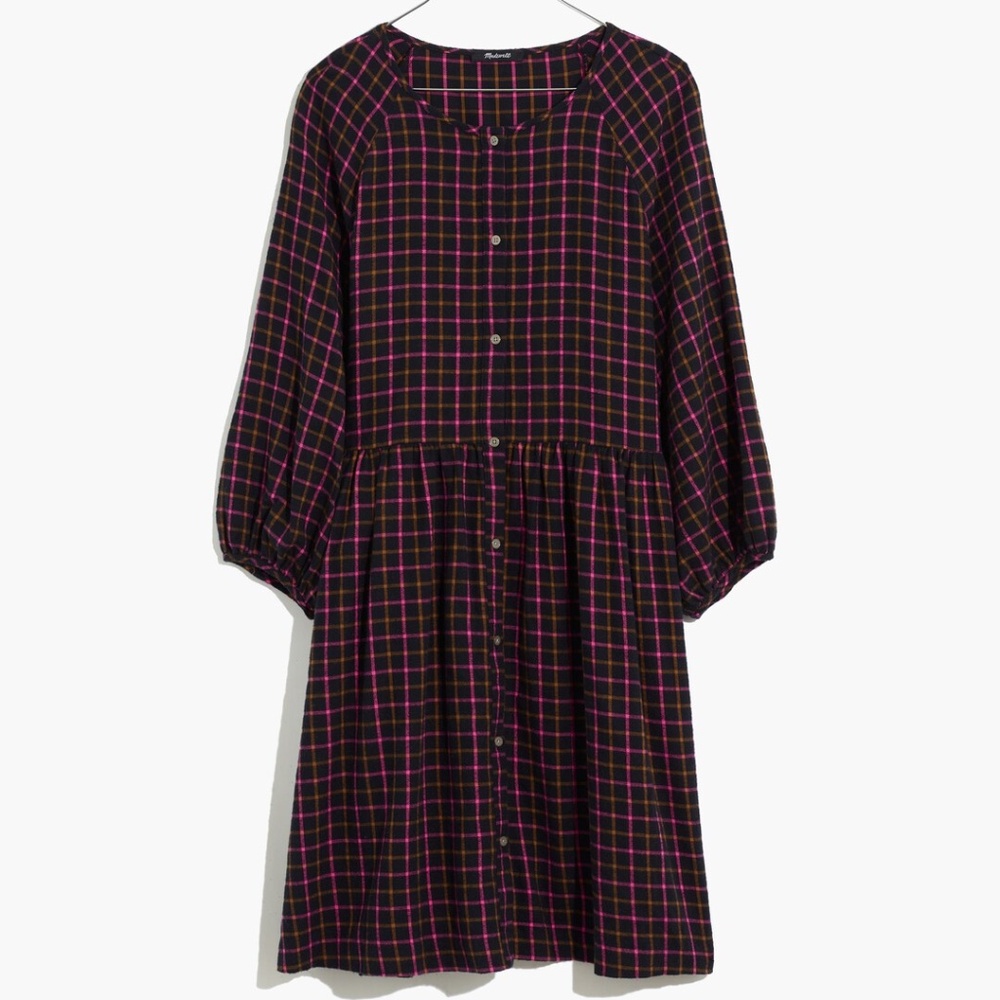NWOT Madewell Plaid Cotton Flannel Raglan Shirtdress in Pink-accented Plaid